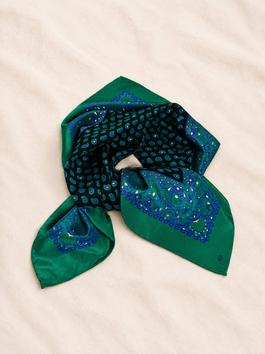 Authentic vintage silk scarf Yves Saint Laurent green and blue paisley pattern