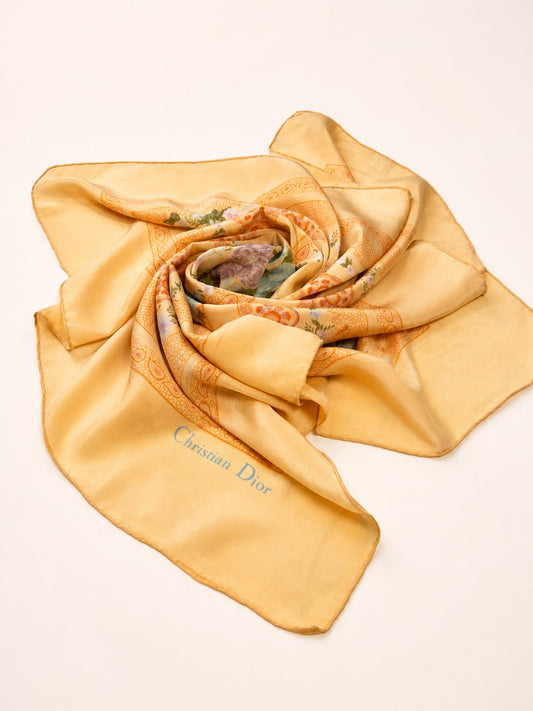 Foulard en soie vintage authentique Christian Dior à motif floral abricot et bleu