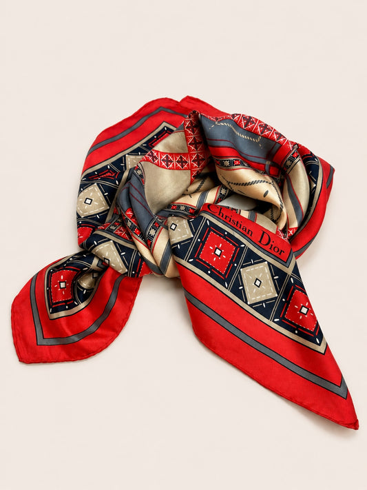 Authentic vintage red and beige geometric silk scarf Christian Dior
