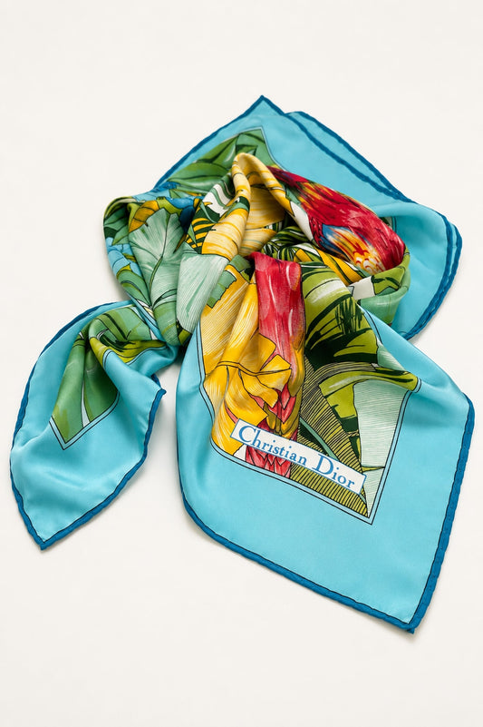 Carré Christian Dior en soie satinée turquoise motif tropical vintage authentique