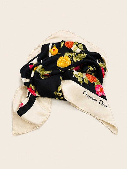 Authentic vintage black silk scarf with rose pattern Christian Dior