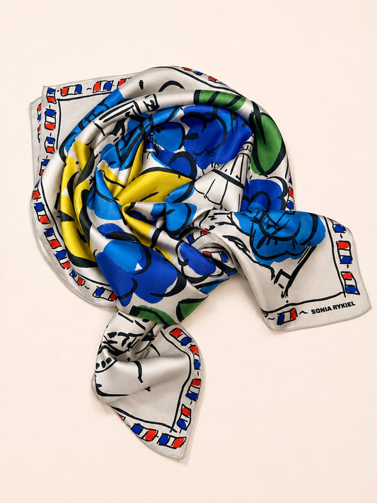 Large silk scarf Sonia Rykiel white and blue vintage floral pattern authentic