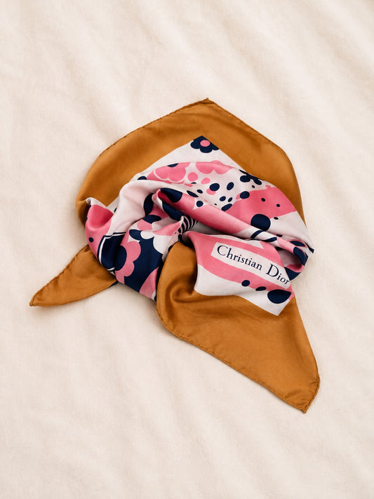 Authentic vintage silk scarf Christian Dior with bronze, pink and blue floral pattern