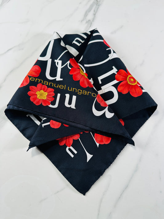 Silk Scarf Emanuel Ungaro in Black and Red Vintage Floral Pattern
