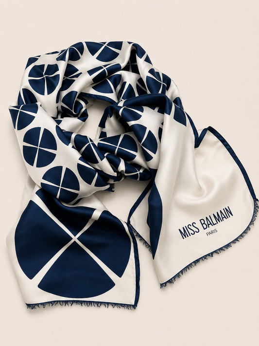 Miss Balmain Silk Scarf in Navy Blue and Cream with Authentic Vintage Geometric Pattern