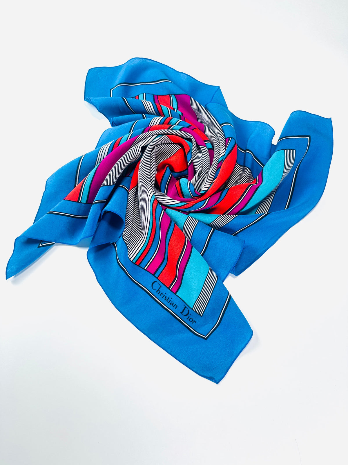 Silk scarf Christian Dior in blue and fuchsia vintage stripes authentic
