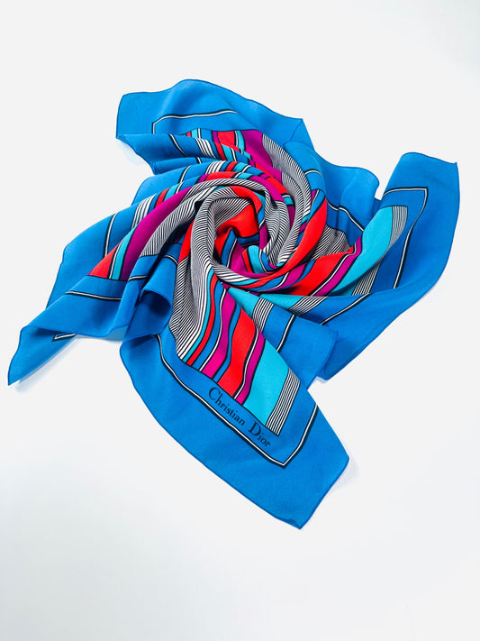 Silk scarf Christian Dior in blue and fuchsia vintage stripes authentic