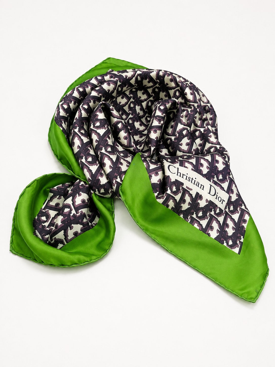 Christian Dior Silk Satin Square in Green and Black Vintage Geometric Pattern