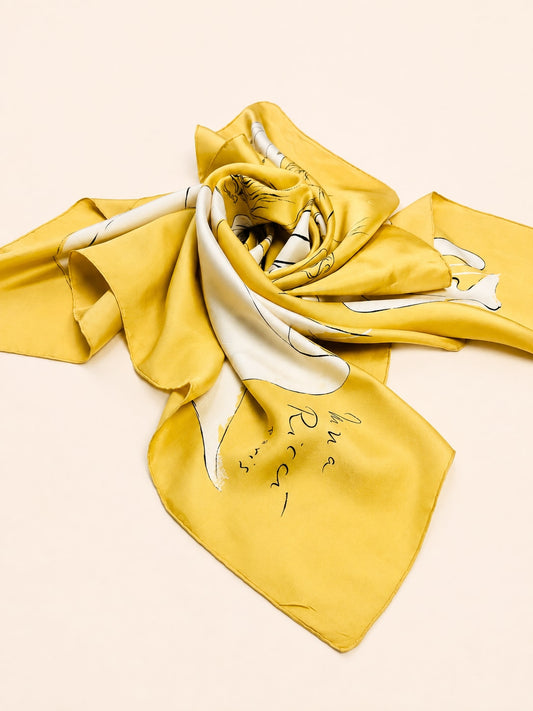 Foulard en soie Nina Ricci à motif artistique doré et ivoire vintage authentique