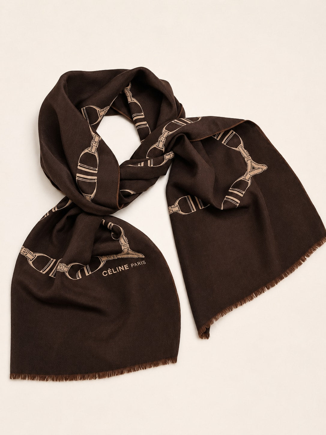 Céline Vintage Authentic Silk Scarf Equestrian Pattern Brown and Beige