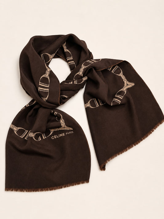 Céline Vintage Authentic Silk Scarf Equestrian Pattern Brown and Beige