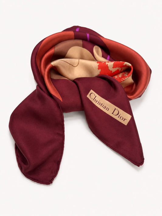 Carré Christian Dior en soie bordeaux et beige motif floral vintage authentique