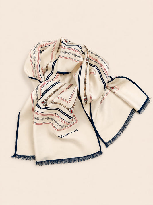 Céline Authentic Vintage Scarf in Ivory and Navy Silk Crepe with Chain Pattern