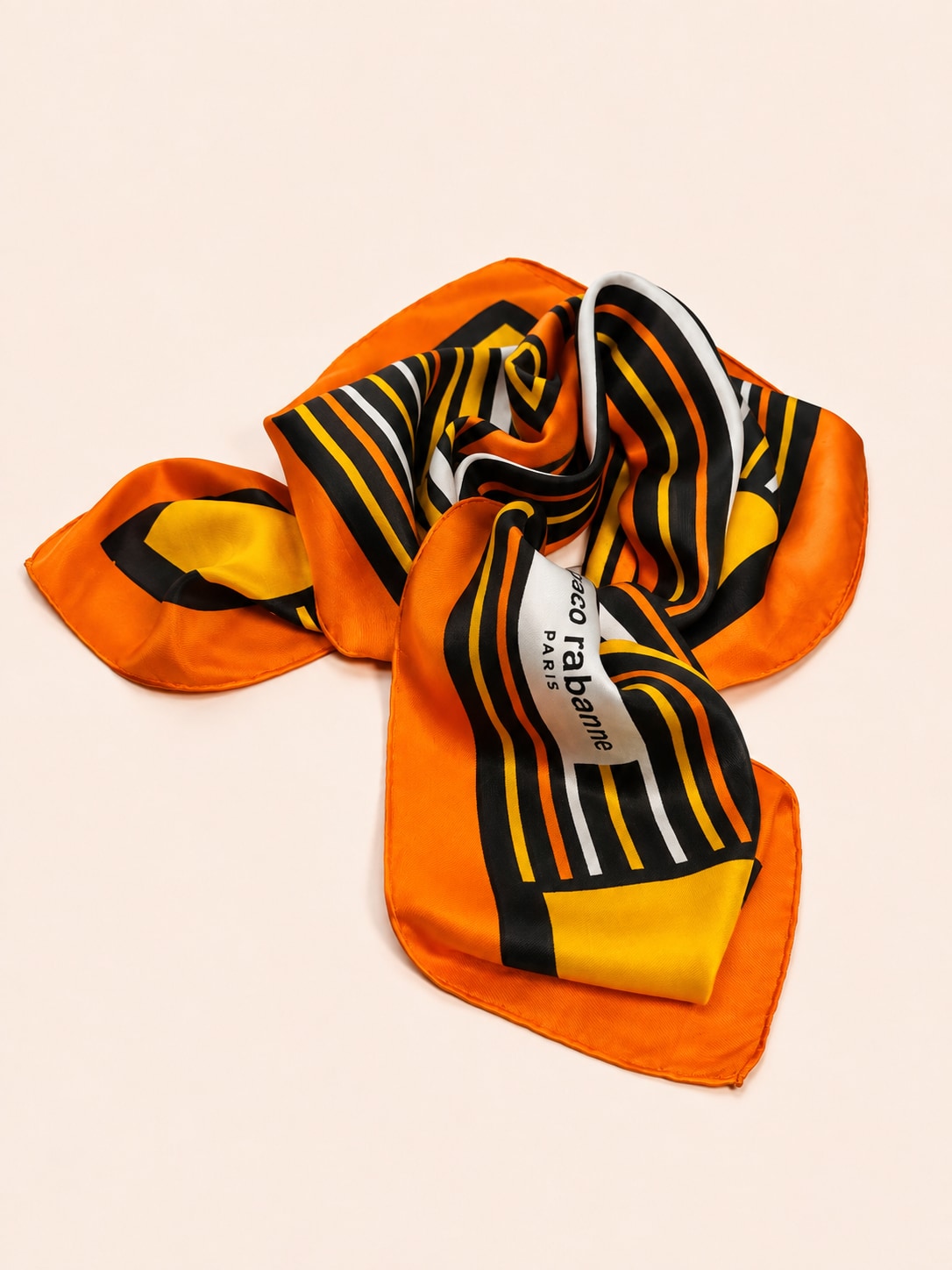 Authentic vintage orange and yellow geometric pattern silk scarf by Paco Rabanne