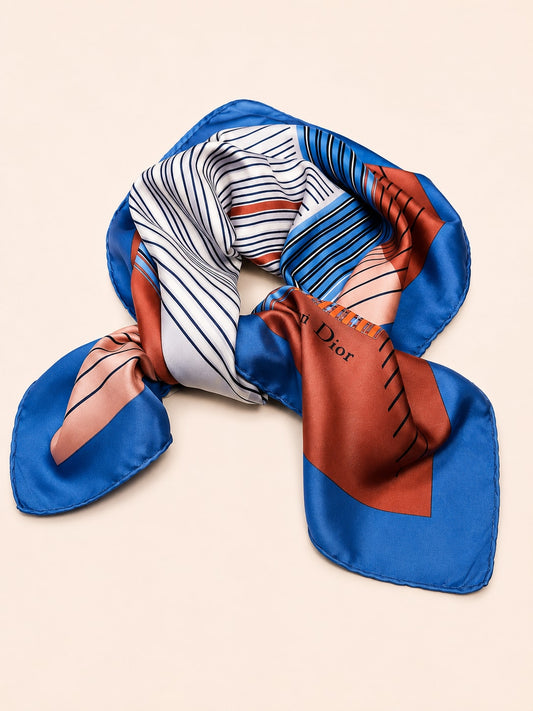 Dior Vintage Authentic Silk Scarf with Blue and Bronze Geometric Pattern