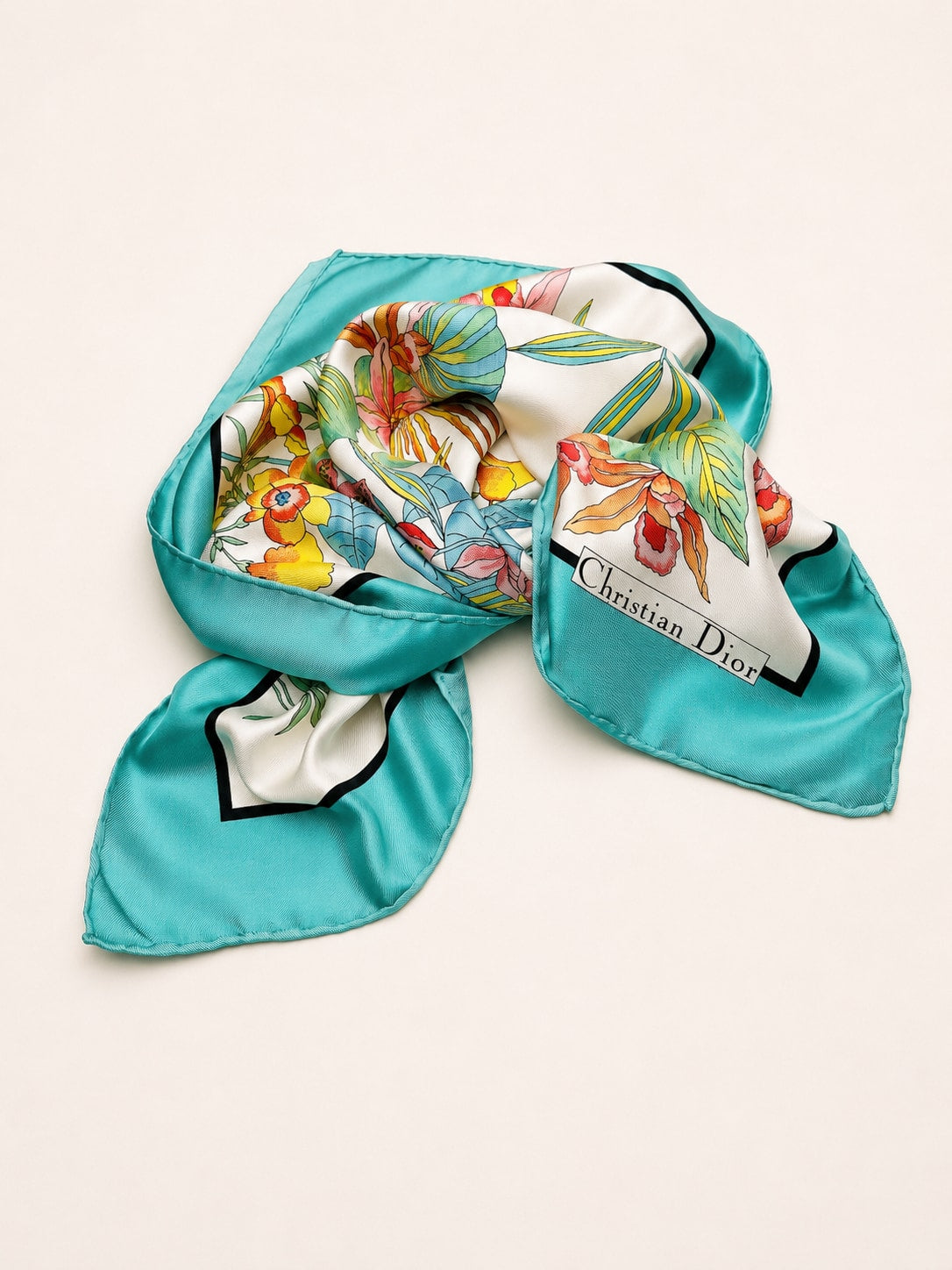Grand foulard en soie Christian Dior turquoise et ivoire avec motif floral vintage authentique