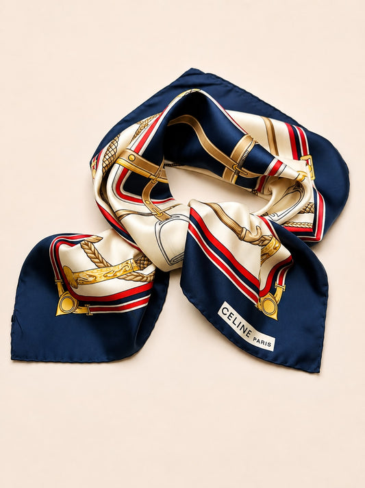 Céline Authentic Vintage Silk Scarf in Navy and Cream with Equestrian Pattern