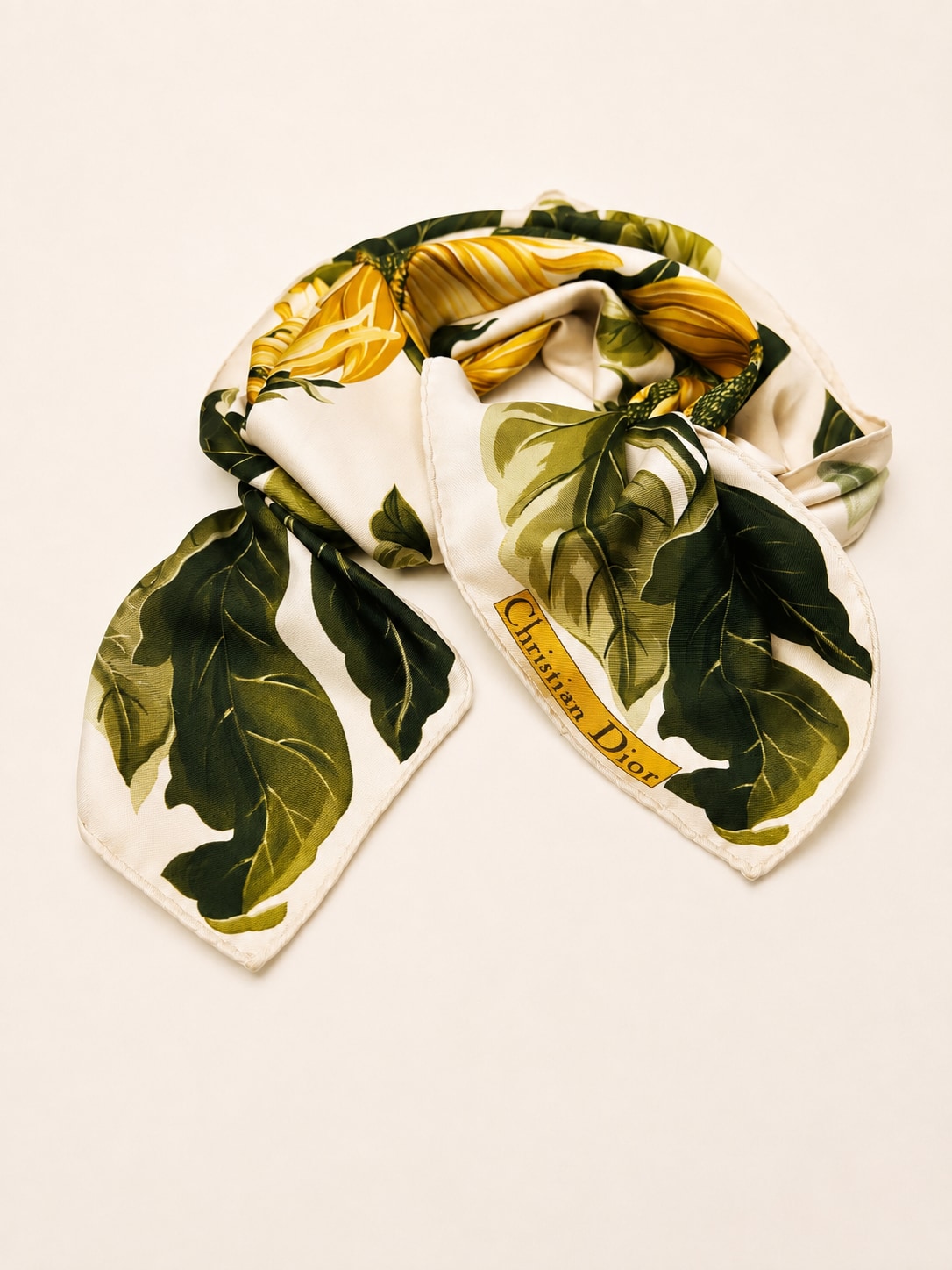 Grand foulard Christian Dior en ivoire et vert avec motif tournesol vintage Authentique