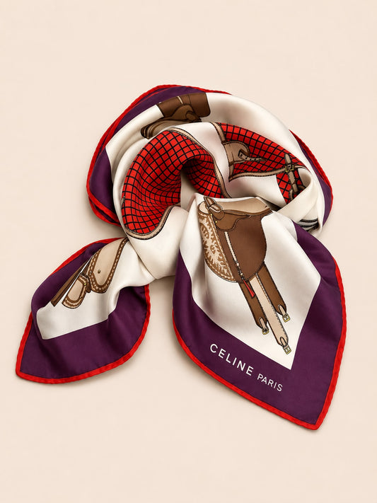 Céline Vintage Authentic Silk Scarf in Ivory and Purple with Equestrian Pattern