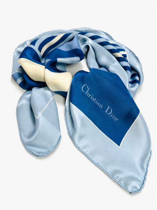 Carré Christian Dior en soie bleu et crème motif géométrique vintage authentique