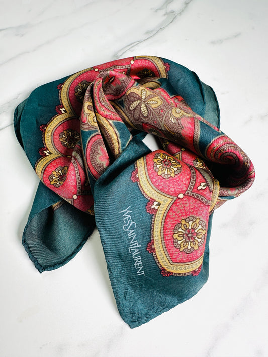 Small Silk Scarf Yves Saint Laurent in Green and Red Vintage Paisley Pattern