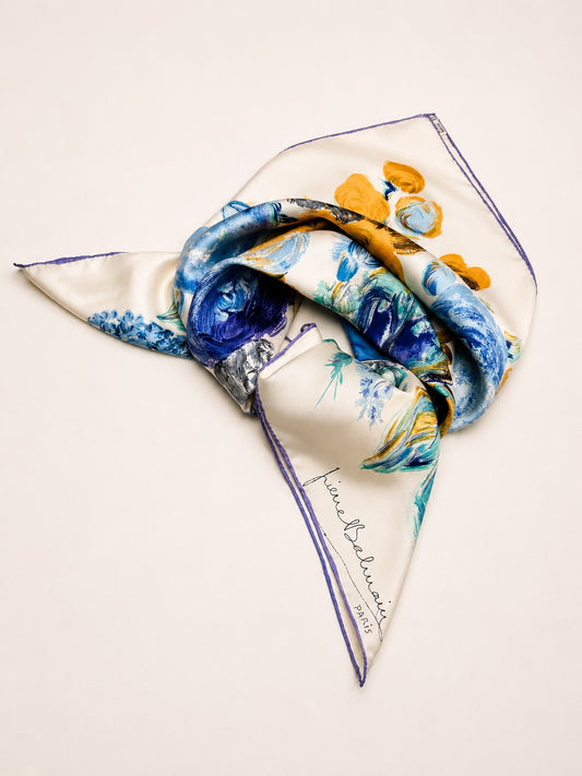 Authentic Vintage Silk Scarf Pierre Balmain Cream and Blue with Floral Pattern