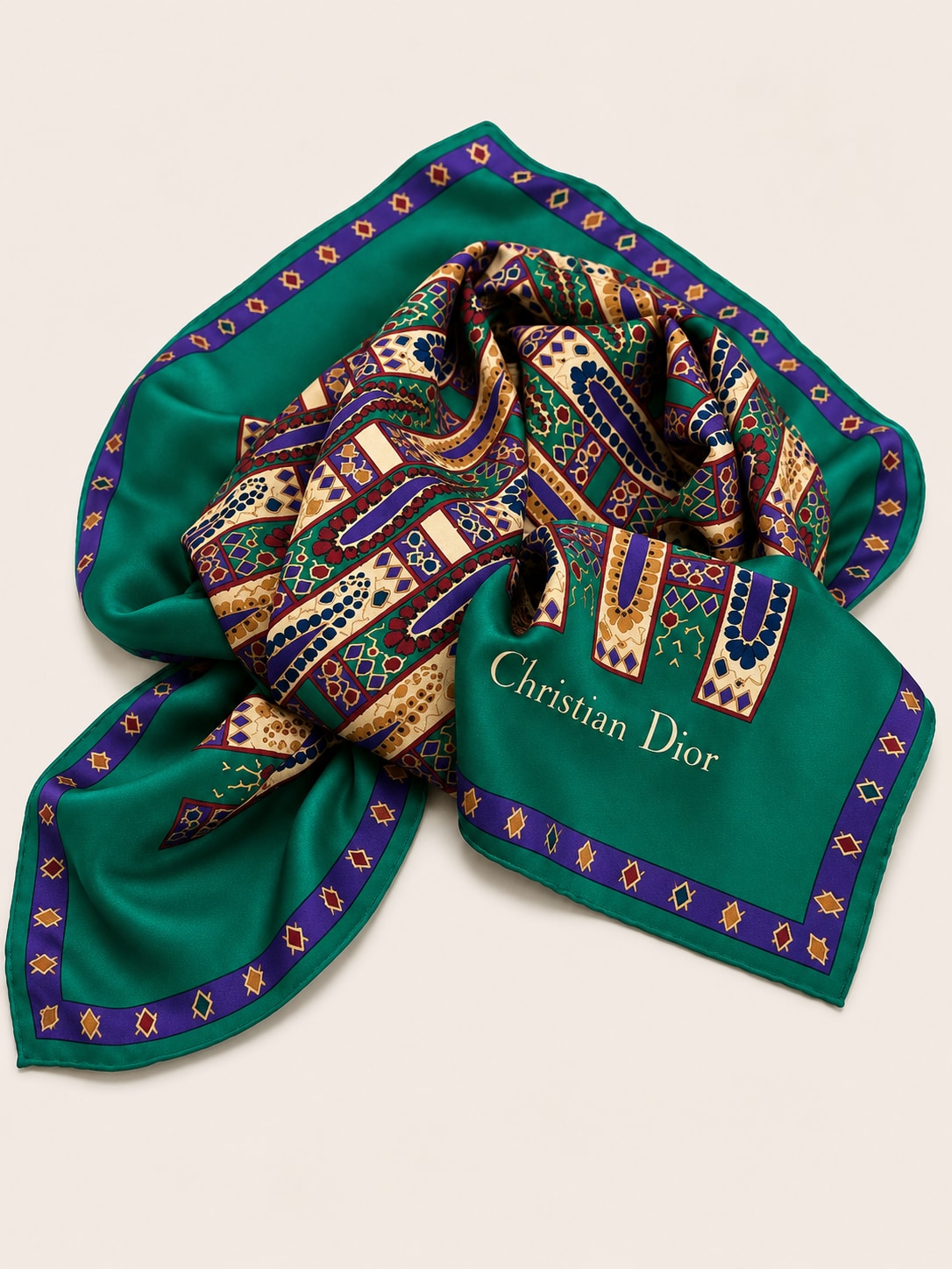 Christian Dior Silk Scarf in Emerald Green and Purple Vintage Geometric Pattern