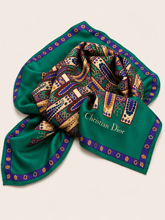 Christian Dior Silk Scarf in Emerald Green and Purple Vintage Geometric Pattern
