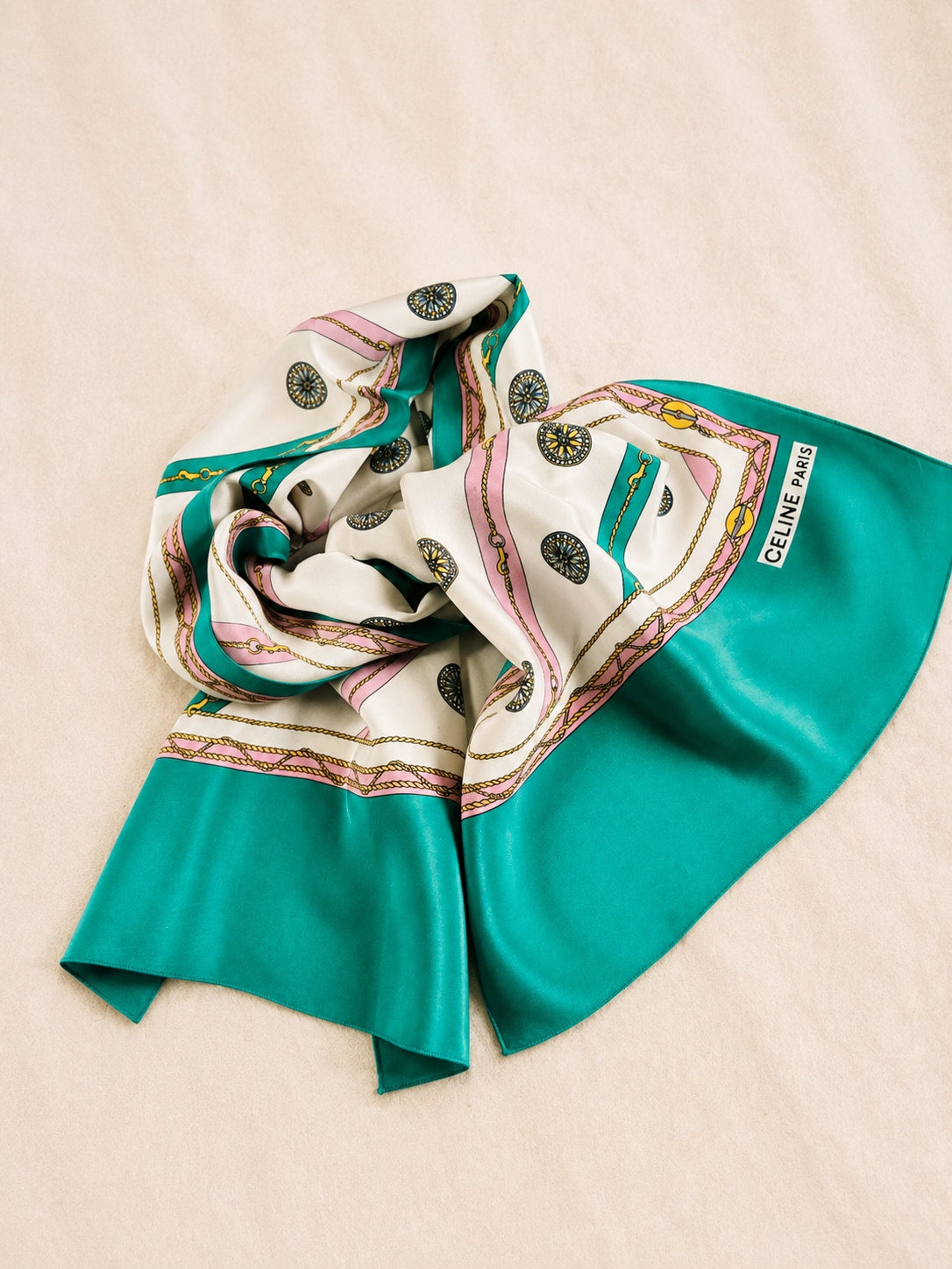 Authentic Vintage Céline Silk Scarf in Green and Cream Chain Pattern
