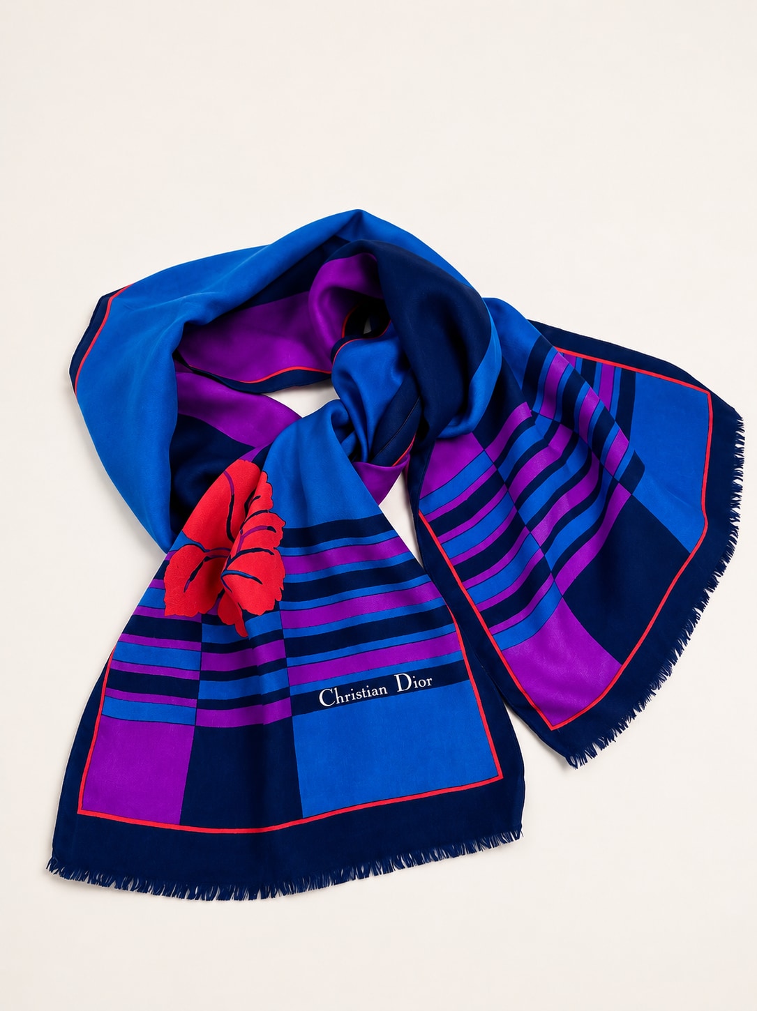 Foulard en soie vintage authentique Christian Dior à motif floral bleu et violet