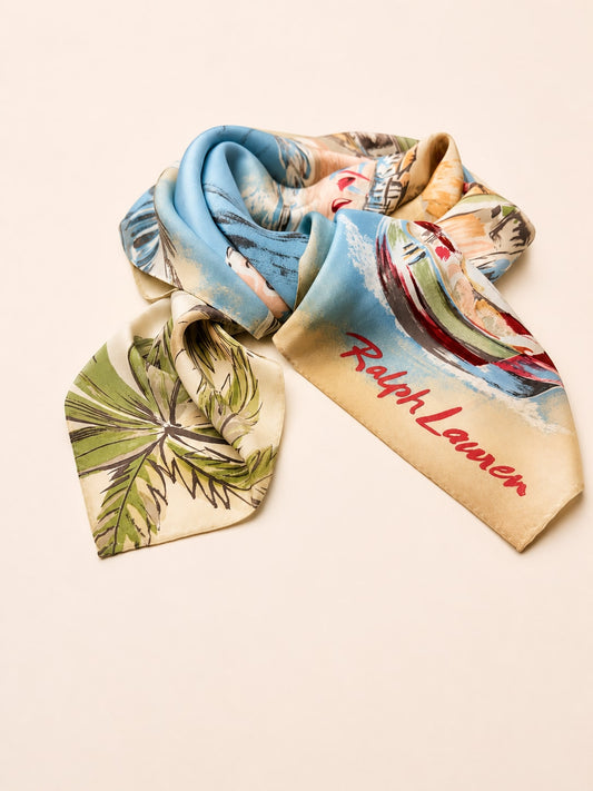 Authentic vintage silk scarf in azure and beige coastal pattern by Ralph Lauren