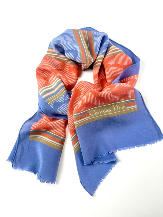 Silk Scarf Christian Dior in Blue and Orange Abstract Vintage Authentic