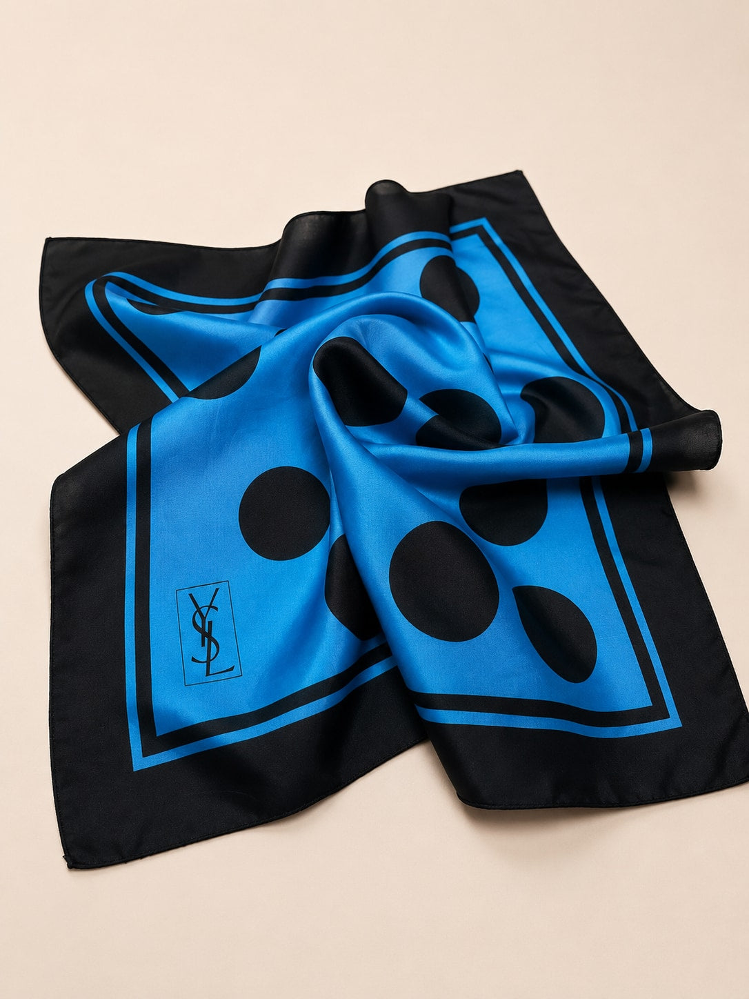 Small silk scarf Yves Saint Laurent blue and black with authentic vintage polka dot pattern