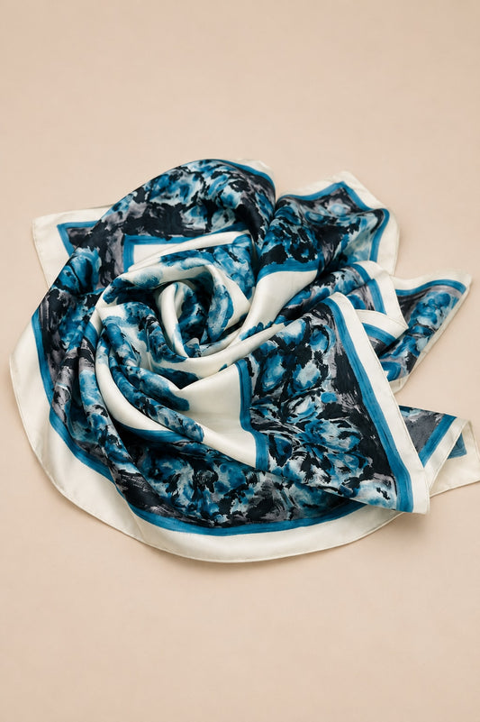 Authentic Vintage Pierre Balmain Silk Scarf in Ivory and Blue with Floral Motif