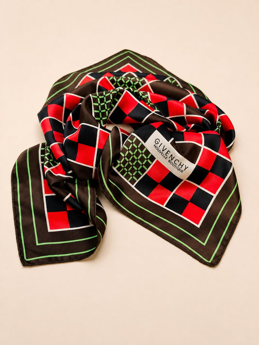 Authentic Vintage Givenchy Silk Scarf with Brown, Green and Red Geometric Pattern