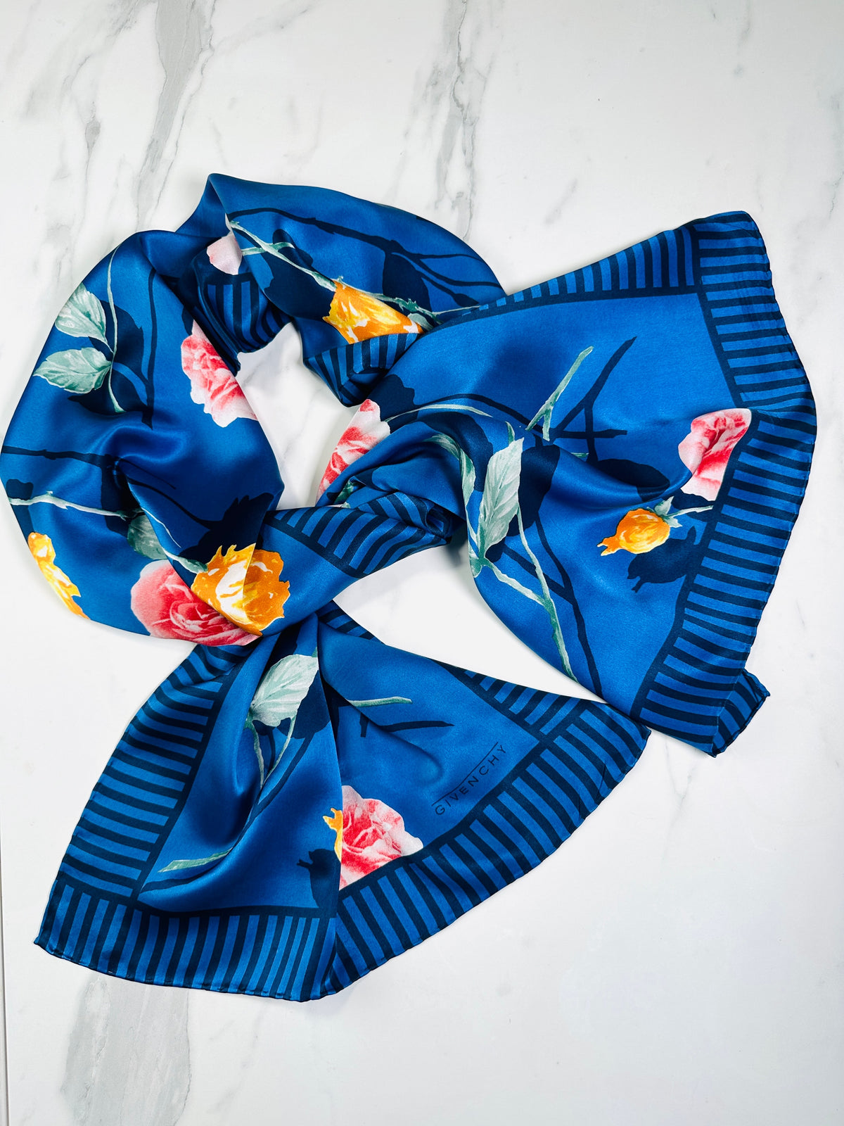 Givenchy Silk Scarf in Blue and Pink Floral Vintage Authentic