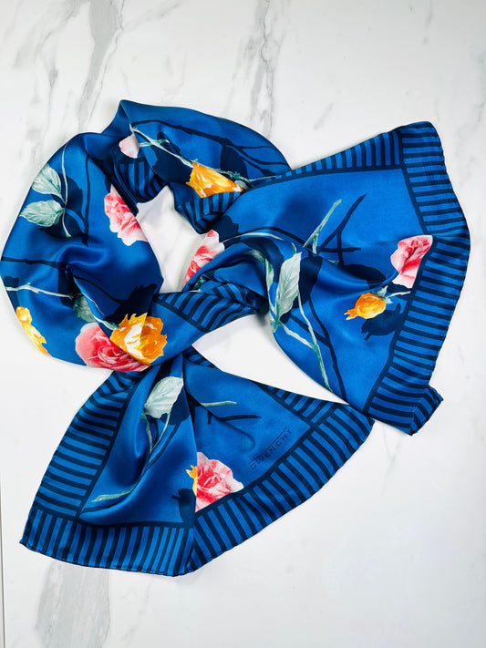Givenchy Silk Scarf in Blue and Pink Floral Vintage Authentic