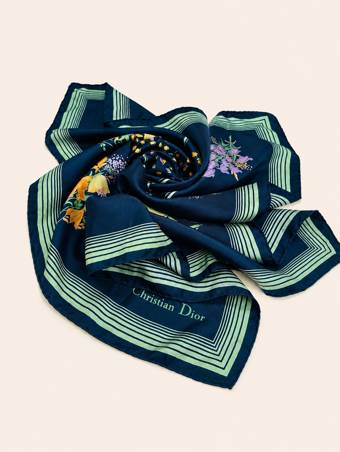 Foulard Vintage Authentique Christian Dior en Soie Satinée Bleue et Verte à Motif Floral