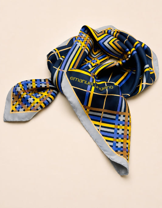 Large silk scarf Emanuel Ungaro navy blue with authentic vintage geometric pattern