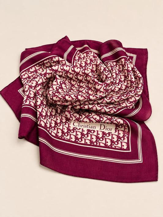 Authentic vintage silk scarf Christian Dior in burgundy and ivory monogram pattern