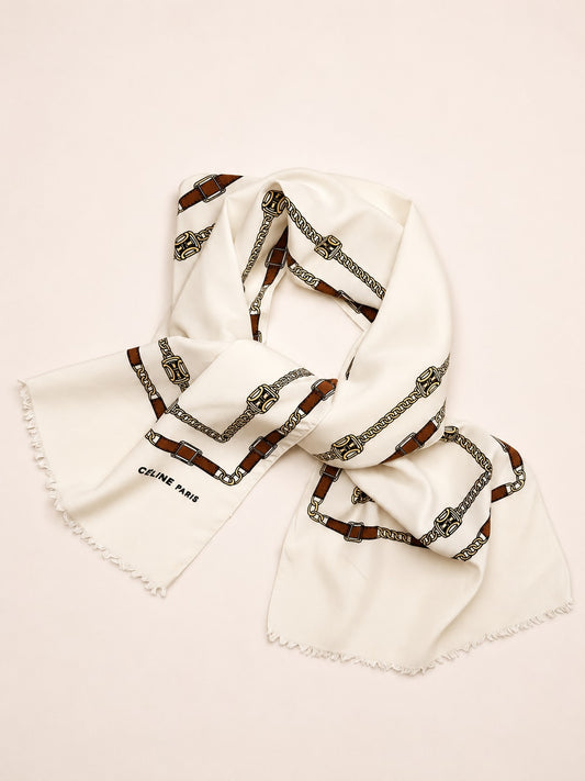 Céline Silk Crepe Scarf in Cream and Brown with Vintage Chain Pattern