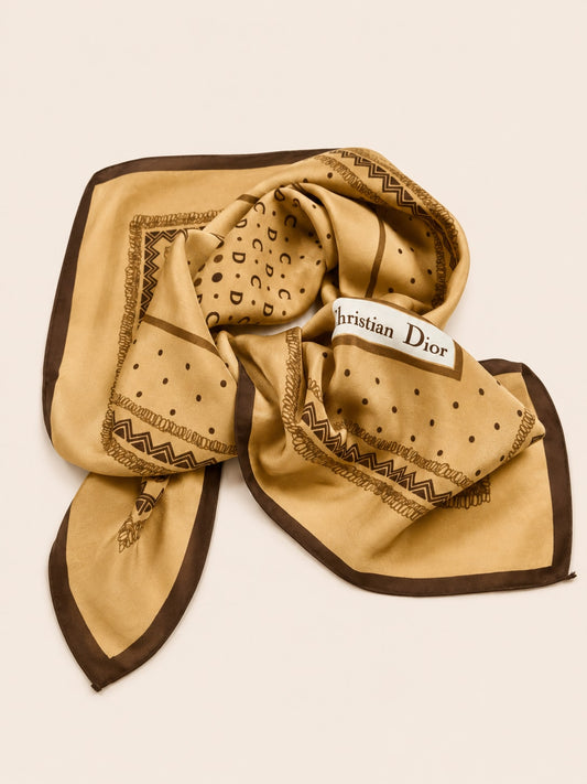 Authentic Vintage Christian Dior Silk Crepe Scarf with Geometric Pattern in Beige and Brown