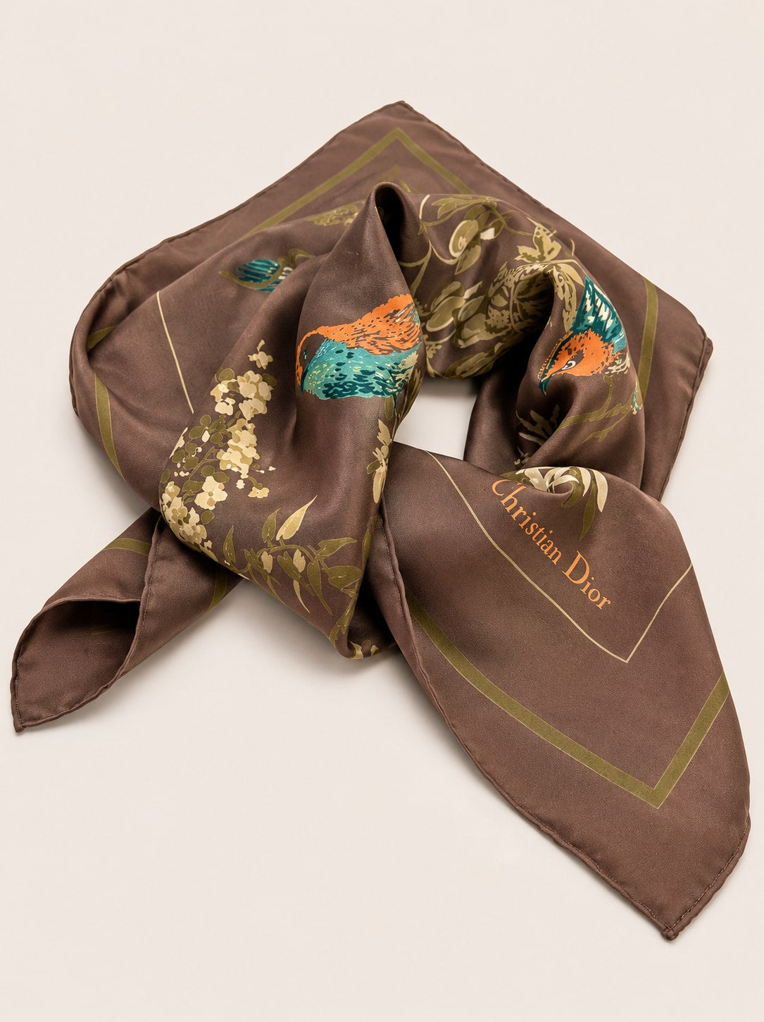 Carré Christian Dior en soie marron et orange néon motif floral vintage authentique