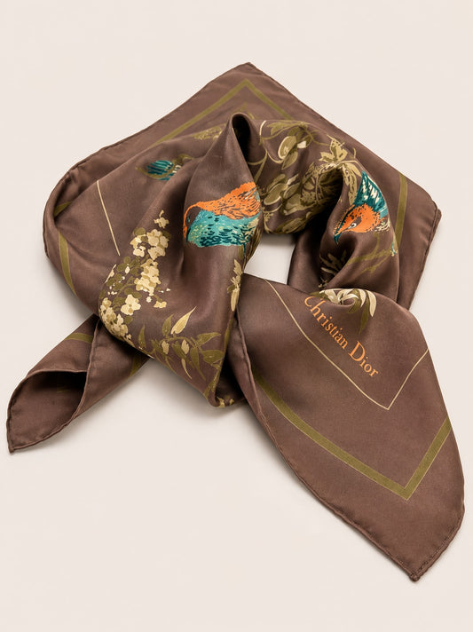 Christian Dior Brown and Neon Orange Silk Square with Vintage Floral Pattern