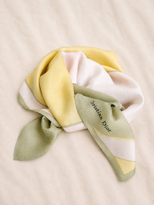Authentic vintage silk scarf Christian Dior in yellow and green with graphic pattern