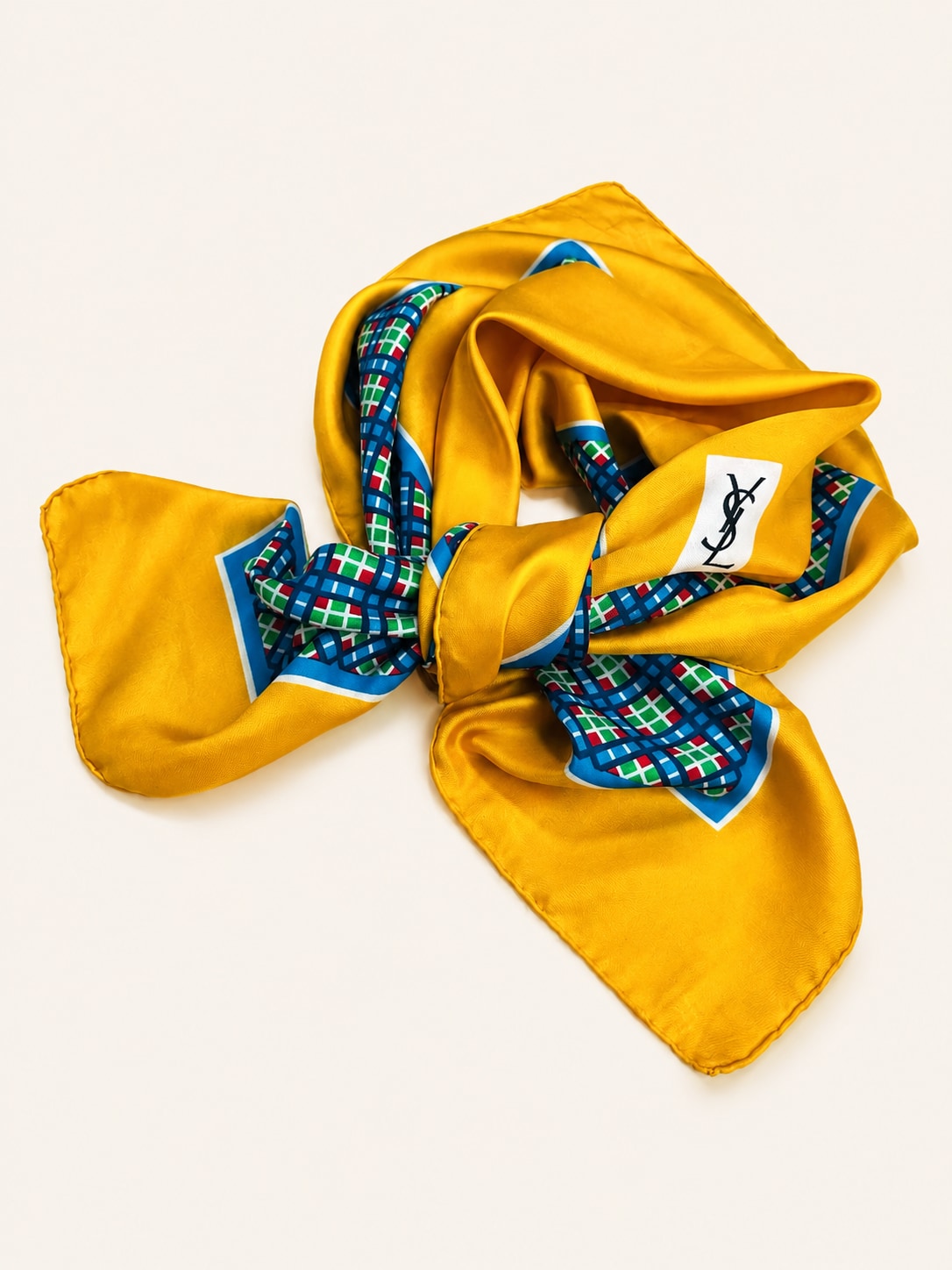 Authentic Vintage Yves Saint Laurent Silk Scarf with Geometric Pattern in Yellow and Blue