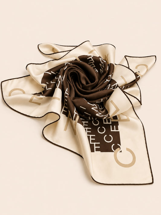 Authentic vintage Céline silk scarf in brown and cream with typographic pattern