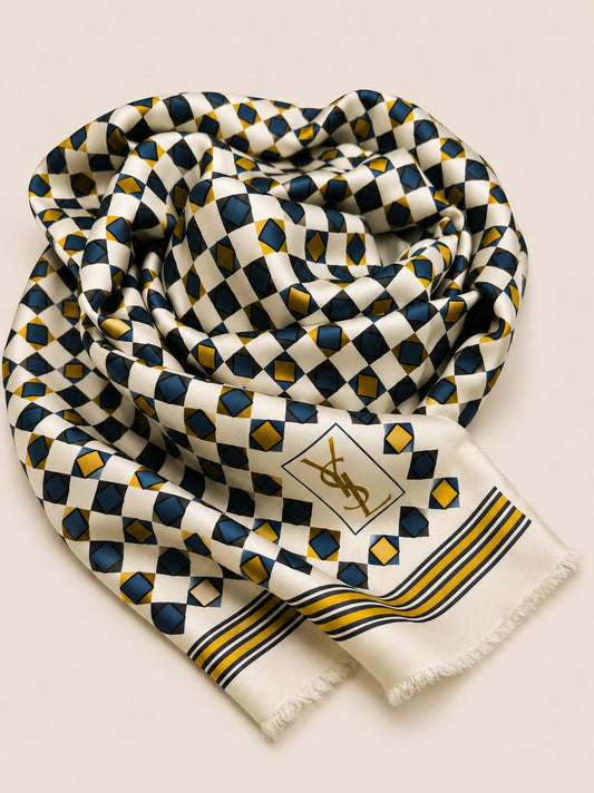 Yves Saint Laurent Ivory and Blue Silk Scarf with Vintage Geometric Pattern