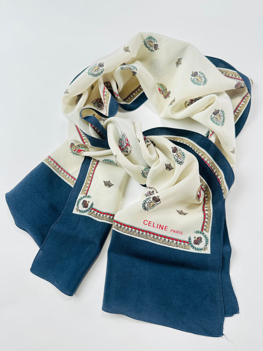 Silk scarf Céline in cream and navy with authentic vintage coat of arms pattern