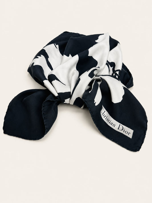 Authentic vintage Christian Dior black and white floral satin silk scarf